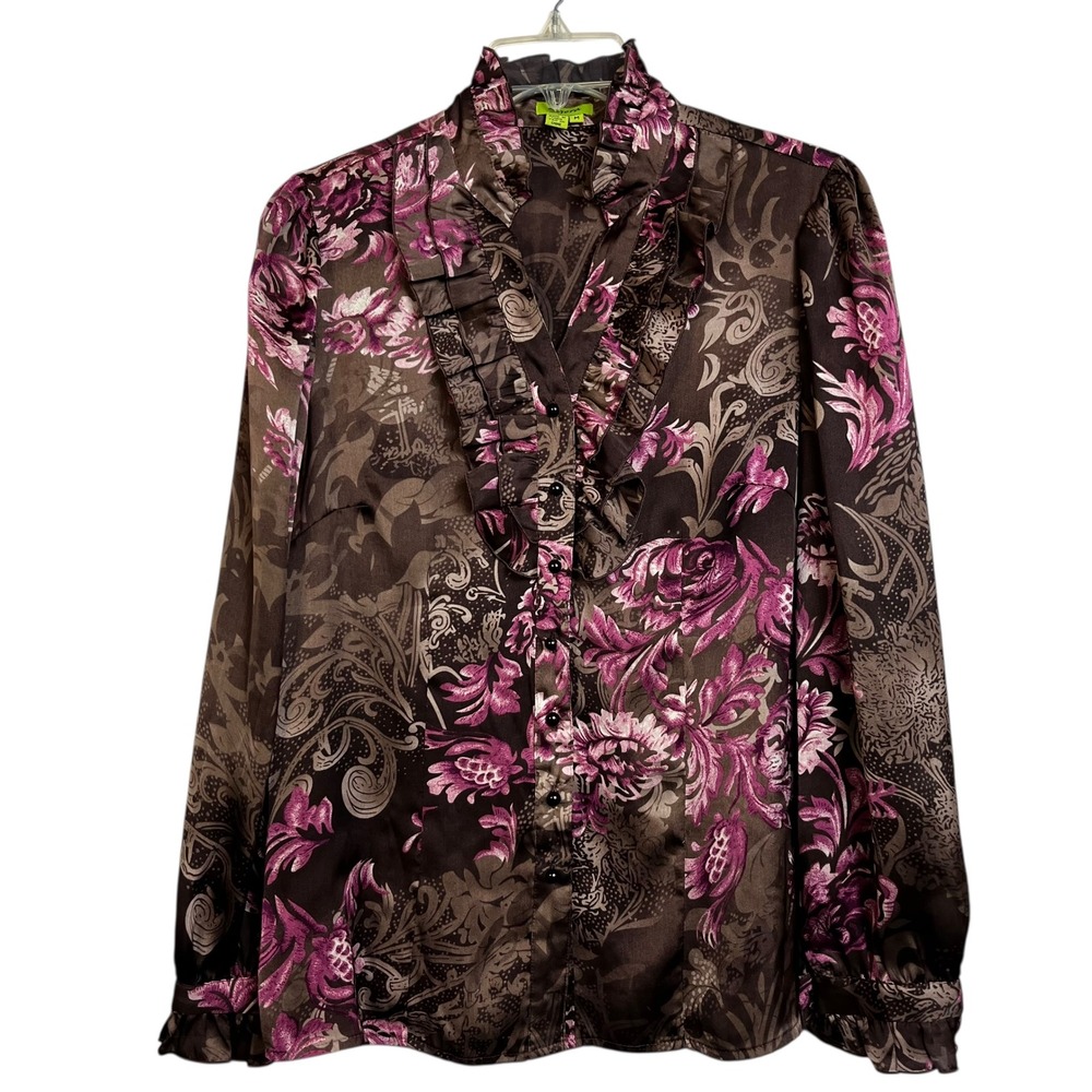 Agora Brown Floral Ruffle Collar Long Sleeve Blouse Size M Regency Cottagecore - Picture 2 of 9